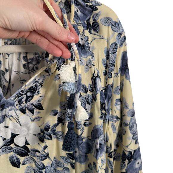 J Jill Butter Yellow Blue Floral Blouse Tassels Preppy Cottage Womens Plus 1x - Picture 2 of 7